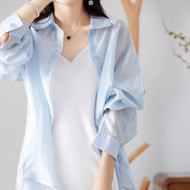 宽松型薄款通勤风POLO领长袖衬衫小众防晒服夏季韩系防晒衣气质