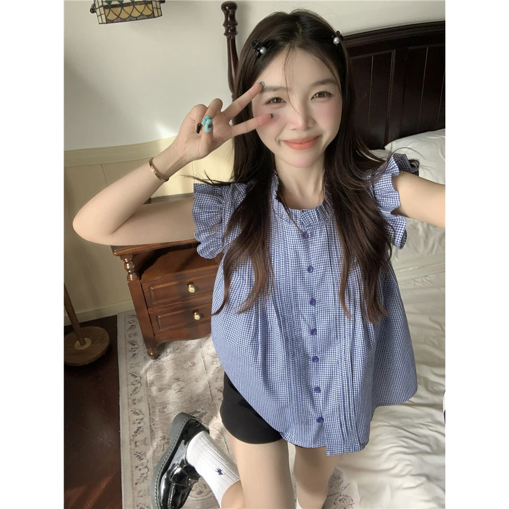 大码法式飞飞袖衬衫女夏薄款休闲衬衣别致复古格子上衣8228