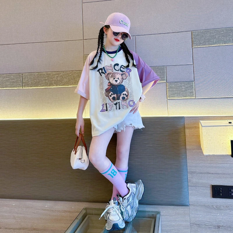 女童洋气短袖t恤2025新款夏季卡通拼色体恤大童夏装衣服时髦上衣