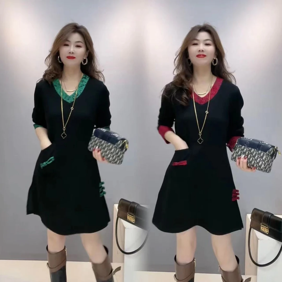 清货复古国风设计拼接开叉连衣裙