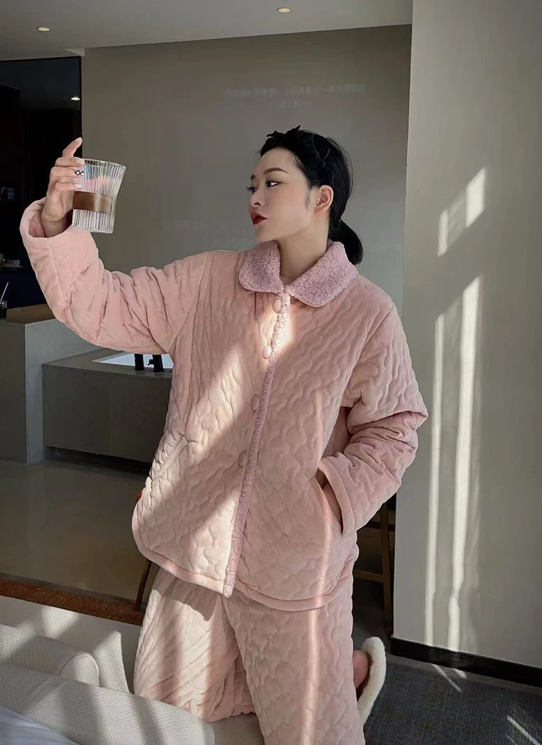 原创 粉色202102软糯显瘦夹棉加绒外穿家居服套装