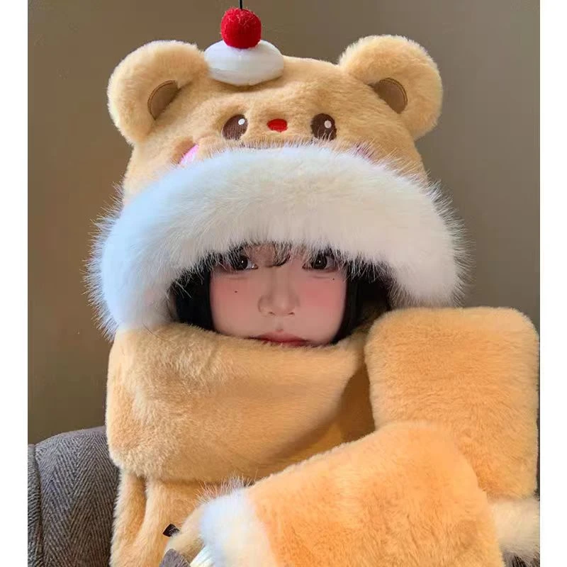 冬季小熊樱桃围巾帽子三合一帽子
