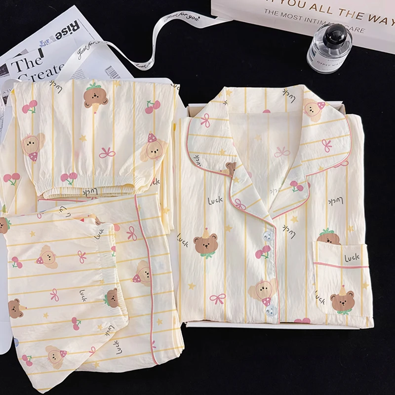 【萌熊派对睡衣三件套】云朵棉2025夏季新款可爱减龄翻领睡衣家居服