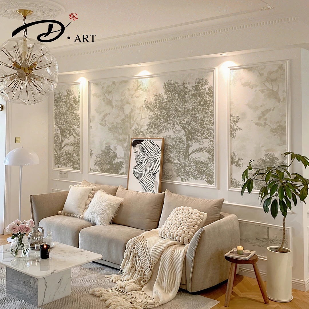 大罗墙纸法式手绘壁布背景墙玄关卧室客厅壁画复古轻奢民宿墙布