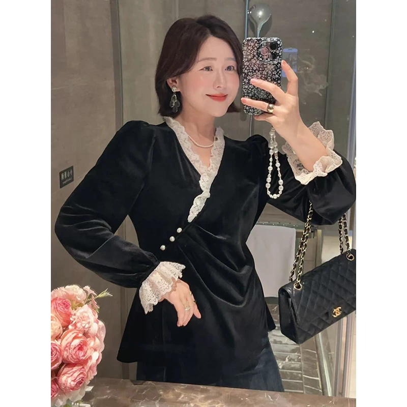 【DIS 现货】【暗色蔷薇】韩系设计蕾丝花边定制丝绒衫Z525C15506