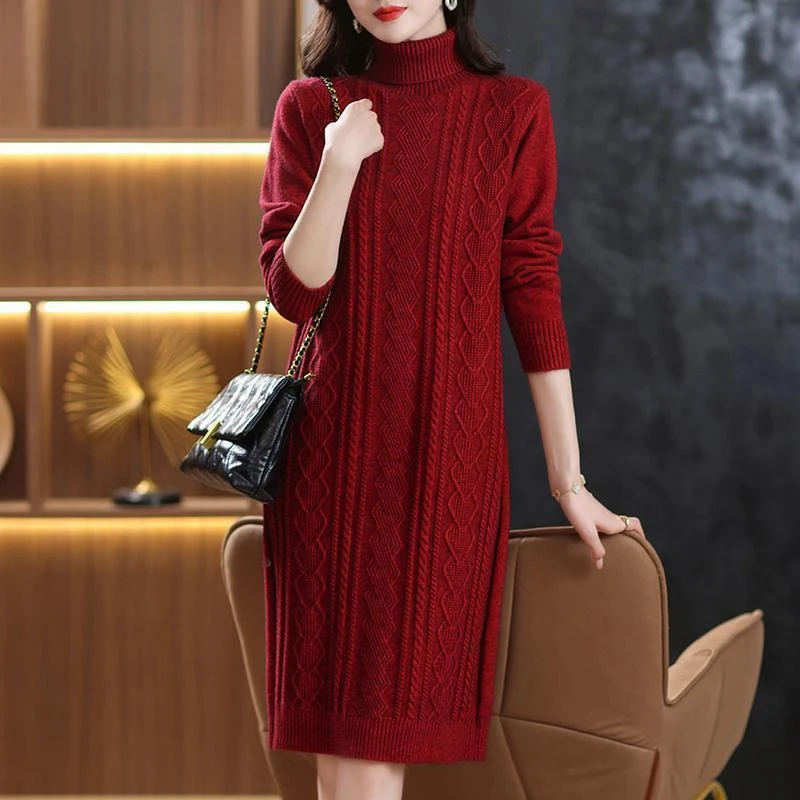 加厚针织打底连衣裙女秋冬配大衣毛衣裙中长款小个子过膝内搭裙子
