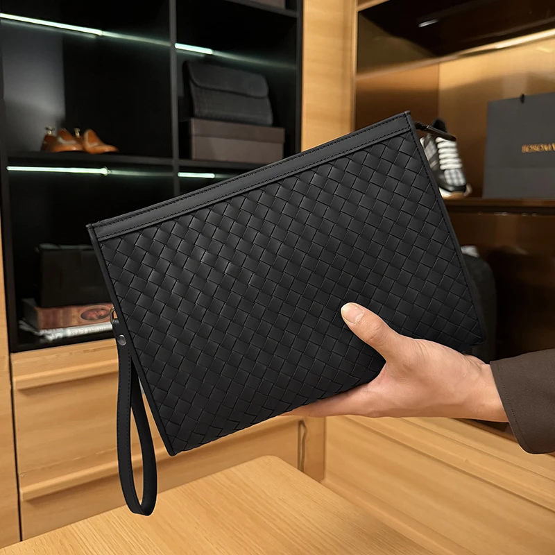 BOSOM VARVLEBV【胎牛皮】黑色手拿包纯手工编织头层牛皮商务手包男