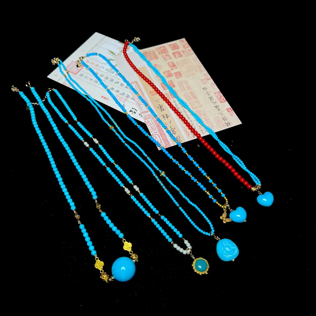 精品湖北十堰矿松果冻蓝绿色矿松项链毛衣链锁骨吊坠挂脖百搭高级