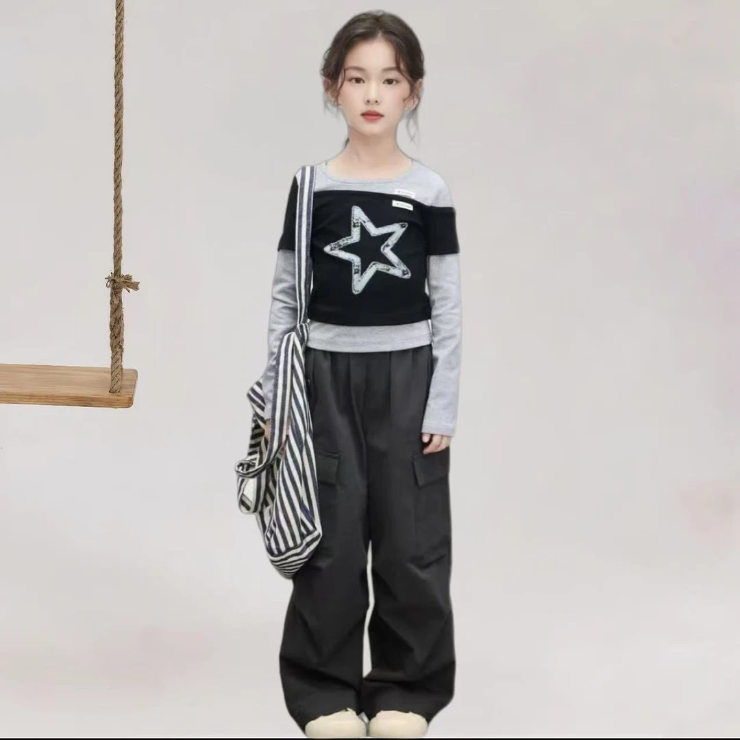 【秋日来袭】女童秋款星星长袖上衣假两件工装套装Z26013