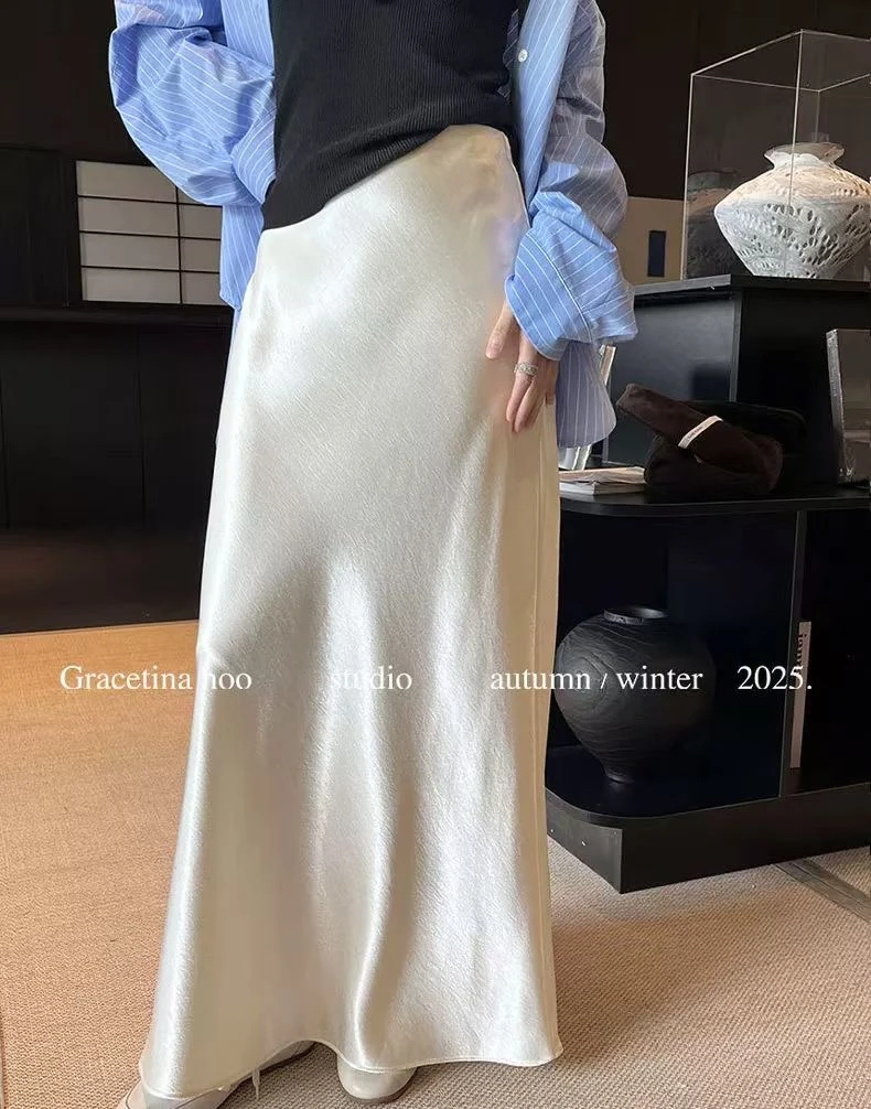 秋季新款加厚丝滑缎面松紧腰百搭显瘦长款新中式穿搭鱼尾半身裙