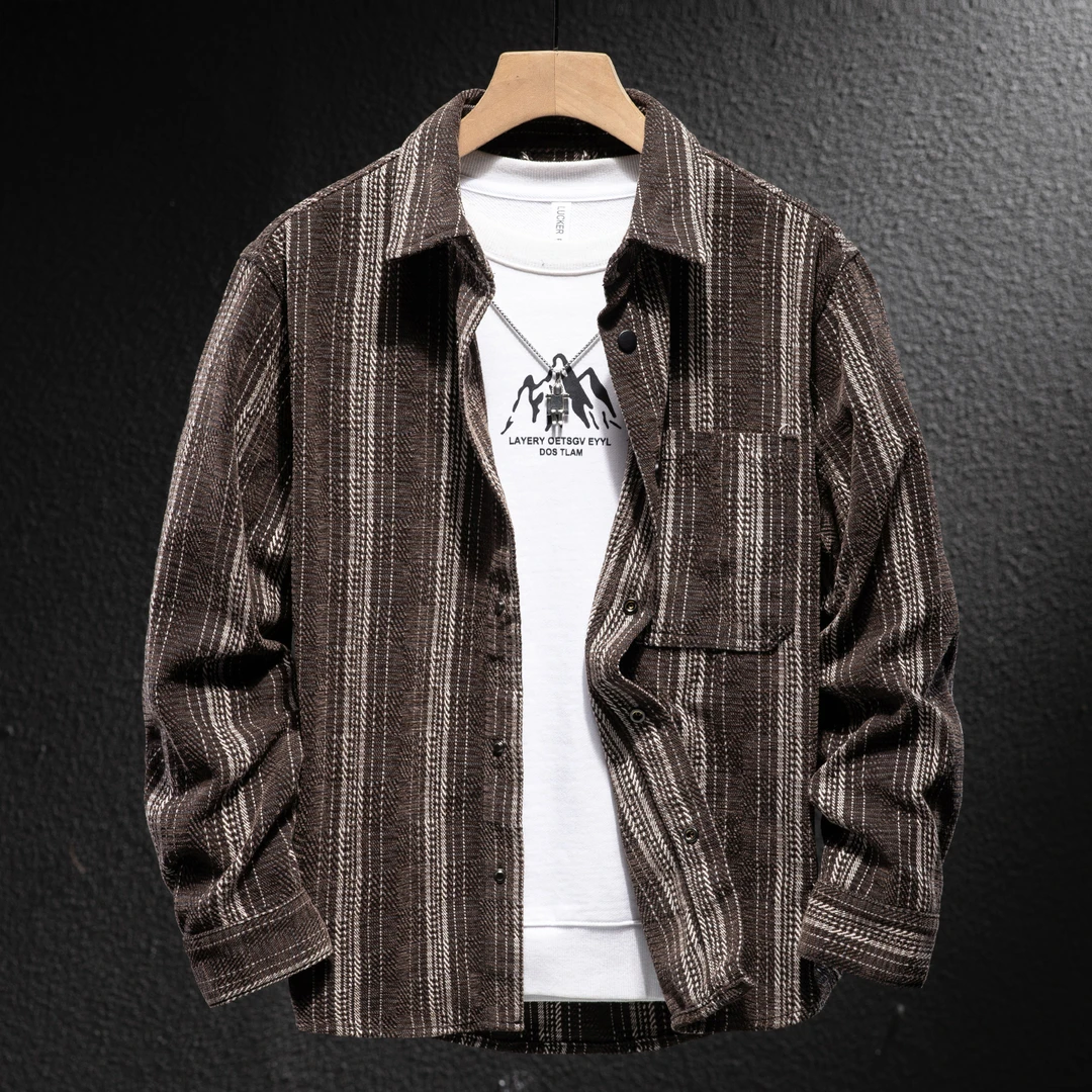 MR.MUDI/穆迪先生潮流咖色长袖衬衫男秋季2025新款宽松条纹雪尼尔