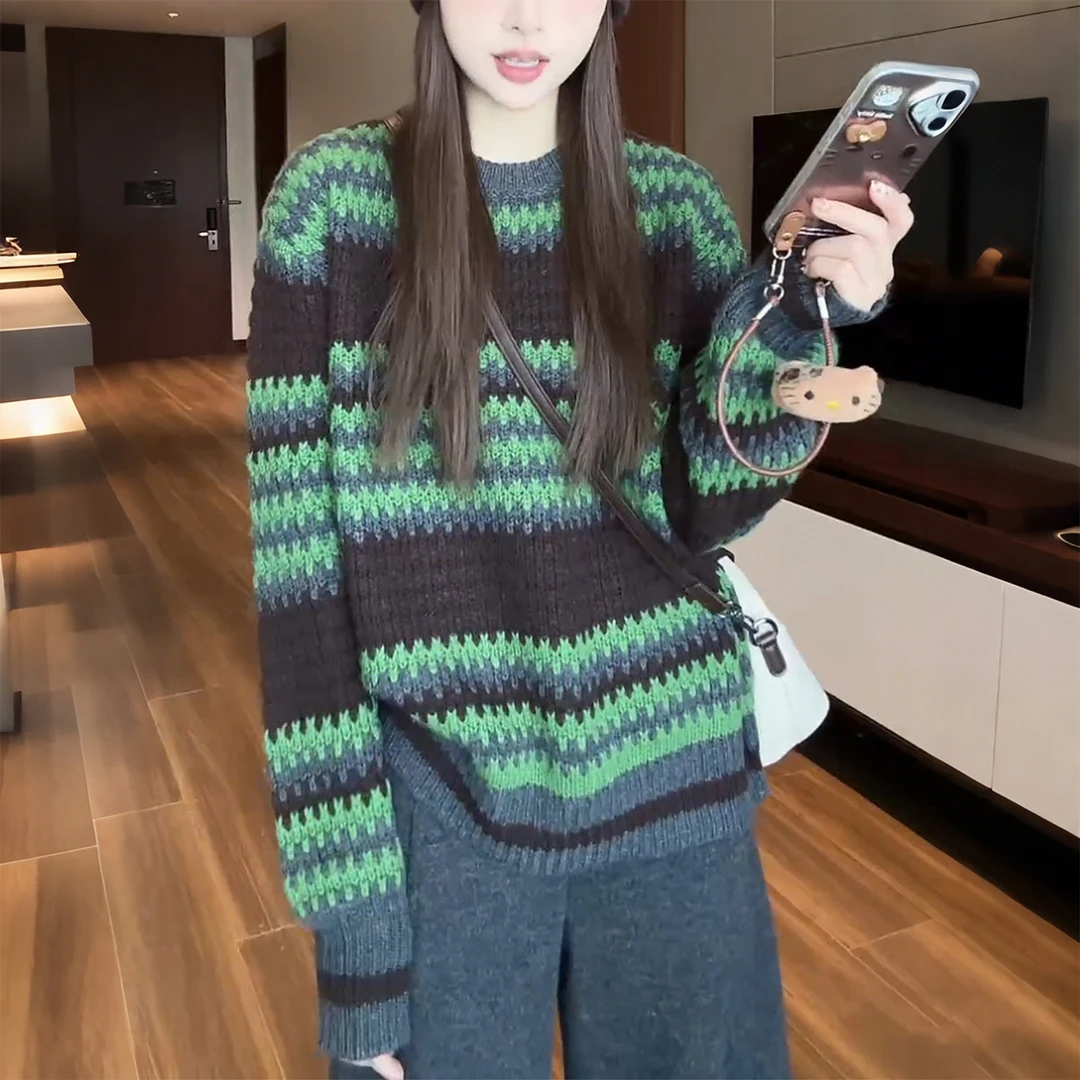 慵懒风撞色圆领长袖毛衣针织衫女秋冬季新款宽松高级好看漂亮上衣