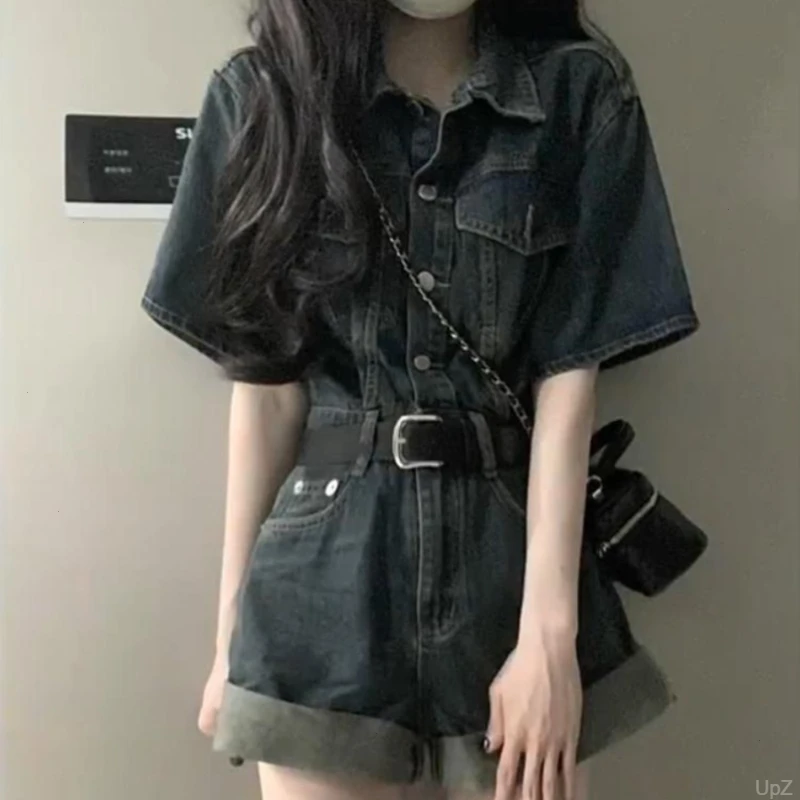 夏季新款美式复古宽松牛仔连体裤胖mm收腰显瘦阔腿连体短裤套装女