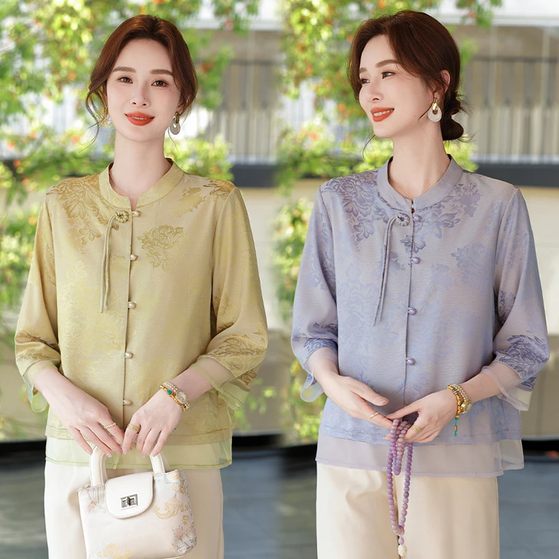 2025妈妈装夏装新中式国风上衣中老年女装洋气七分袖上衣T恤衬衫