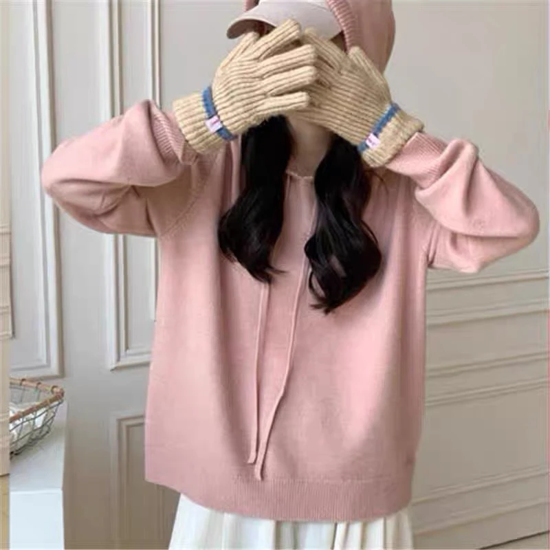 1298简约纯色连帽彩色毛衣