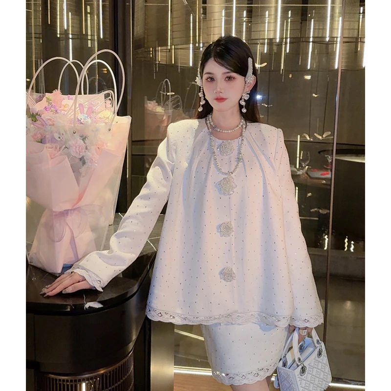 【月光与诗】 2025原创设计珍珠白烫钻短外套半身裙两件套装女