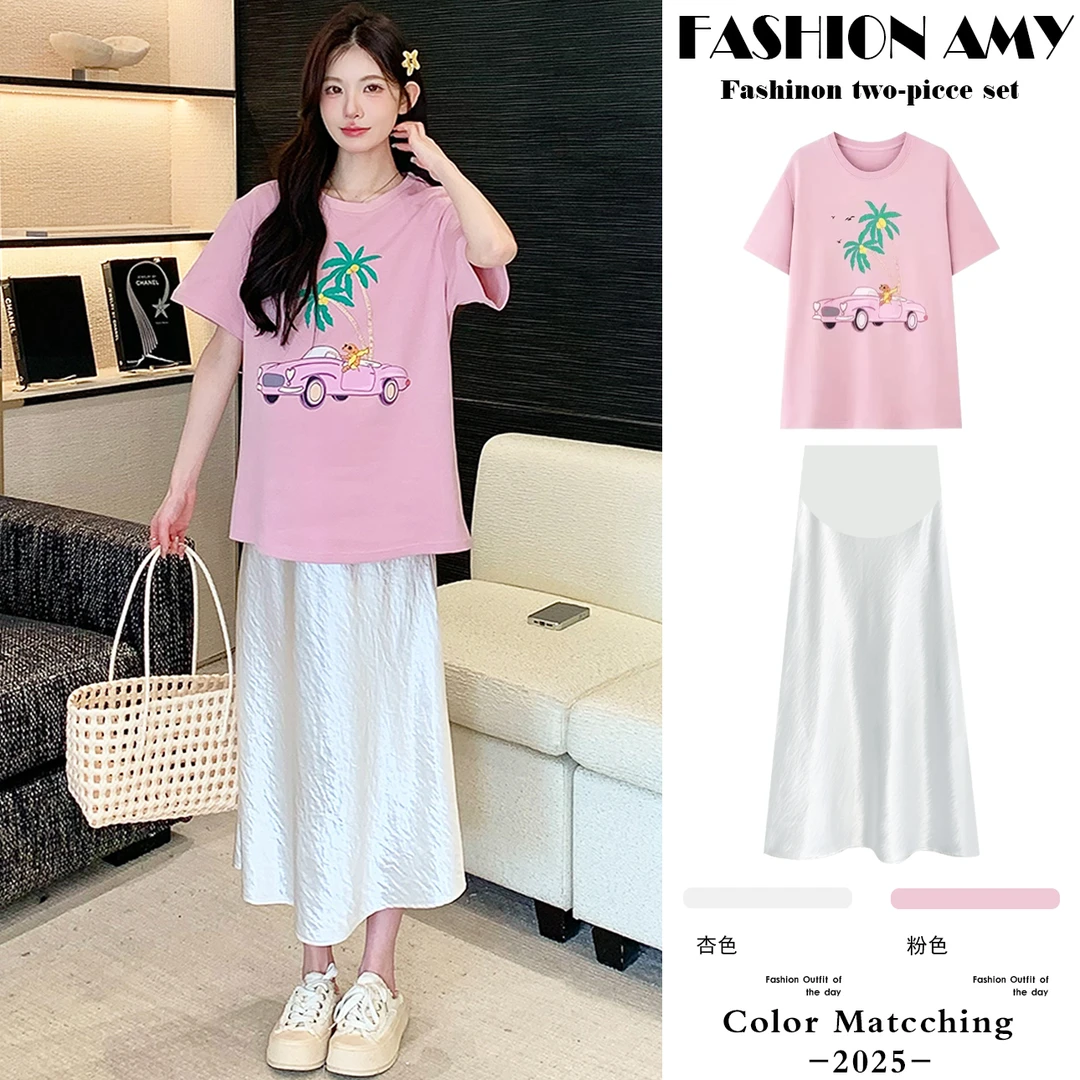 孕妇套装夏装新款时尚洋气宽松卡通印花短袖T恤显瘦缎面半身裙子1