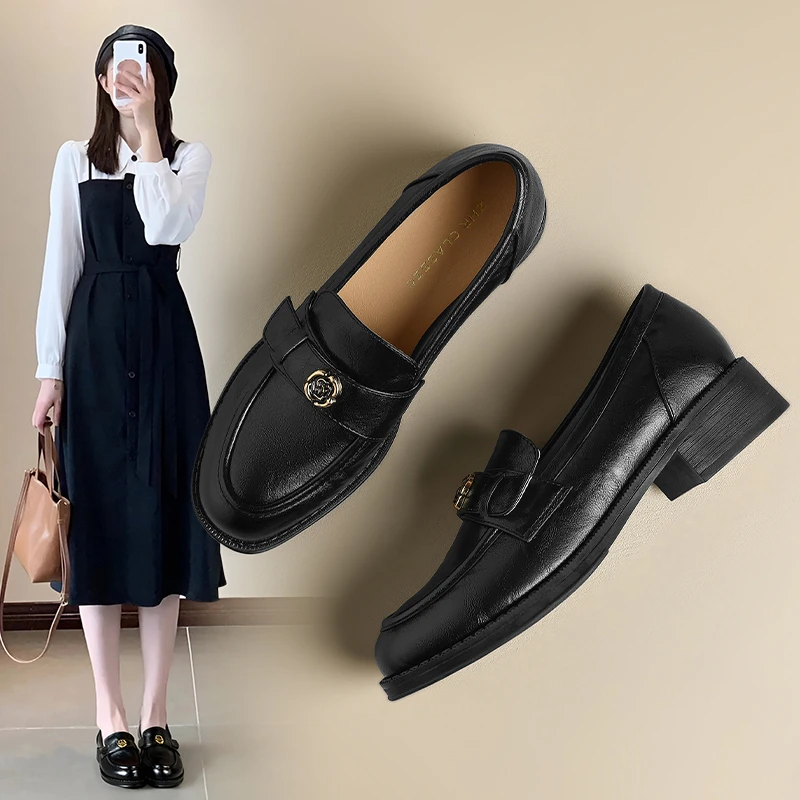 ZHR则则英伦风金扣乐福鞋女款春季新款百搭粗跟玛丽珍山茶花女鞋