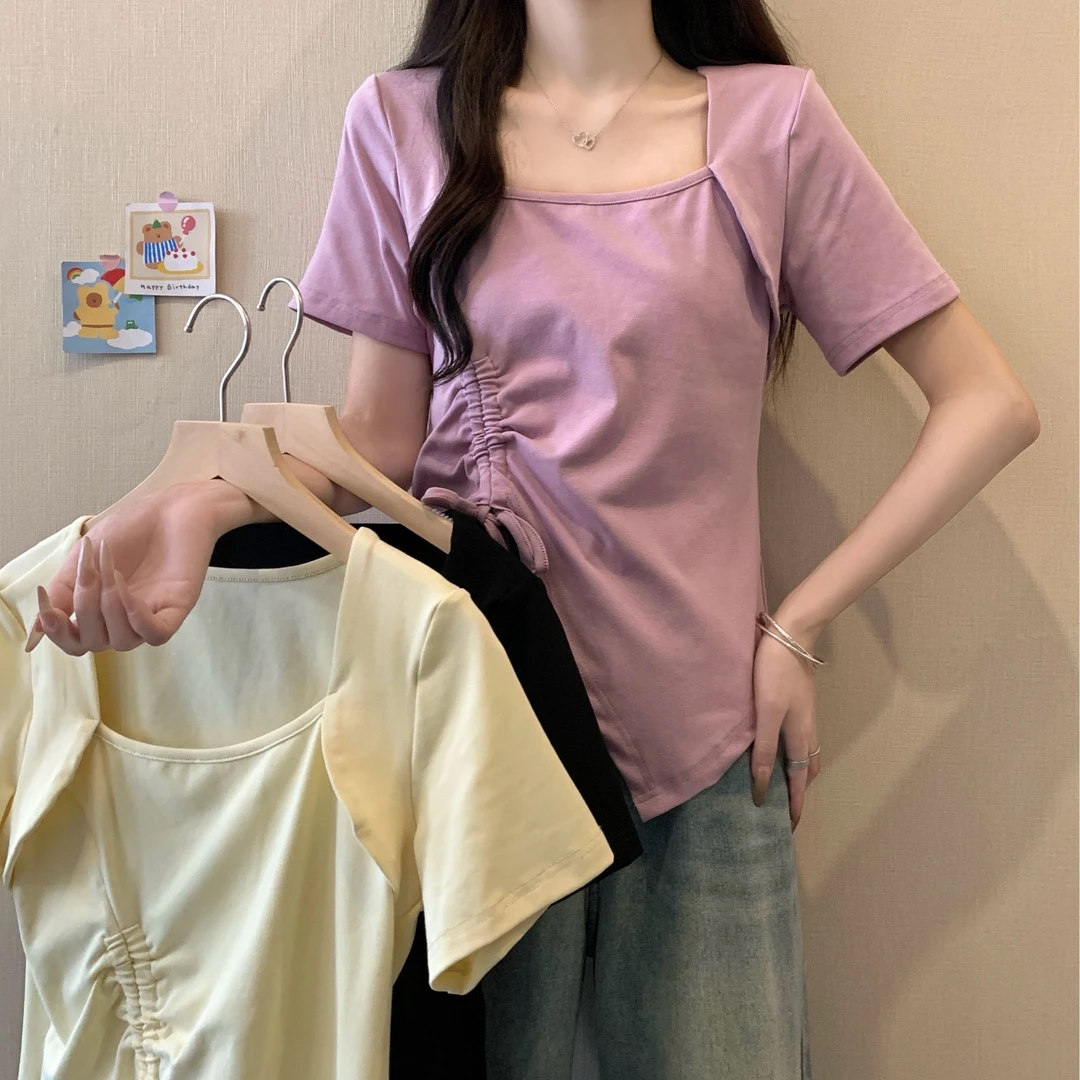 2025大码女装新款方领t恤抽绳开叉显瘦短袖T恤上衣3221