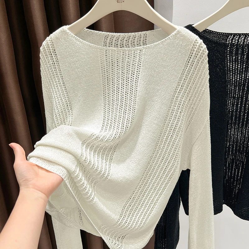 白色镂空针织衫女秋季新款慵懒宽松遮肉显瘦长袖上衣薄款圆领罩衫