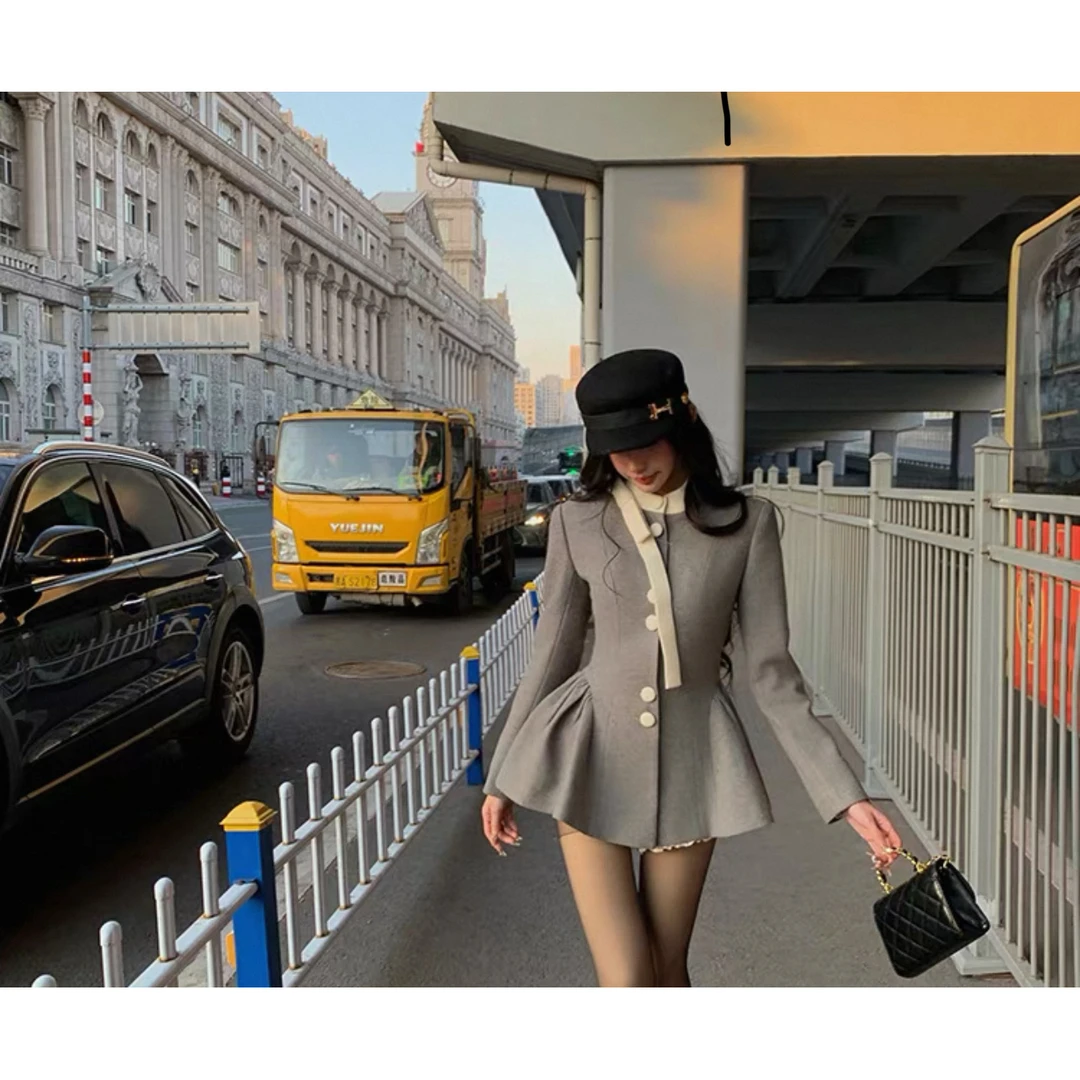 气质收腰蝴蝶结撞色外套连衣裙短裤两件套套装名媛千金高级感穿搭