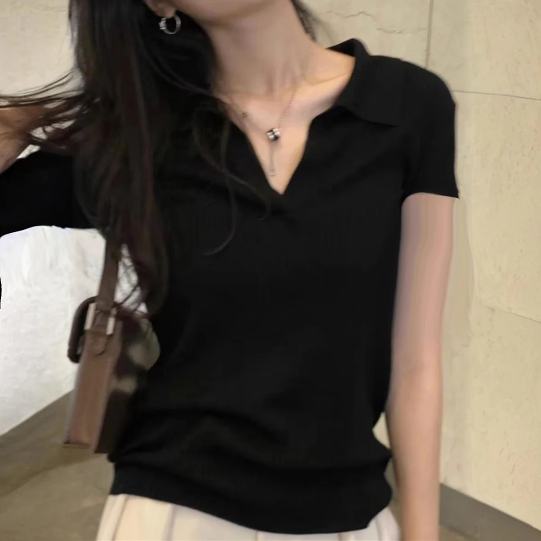 黑色POLO领短袖T恤女夏季薄款设计感小众v领别致上衣正肩半袖体恤