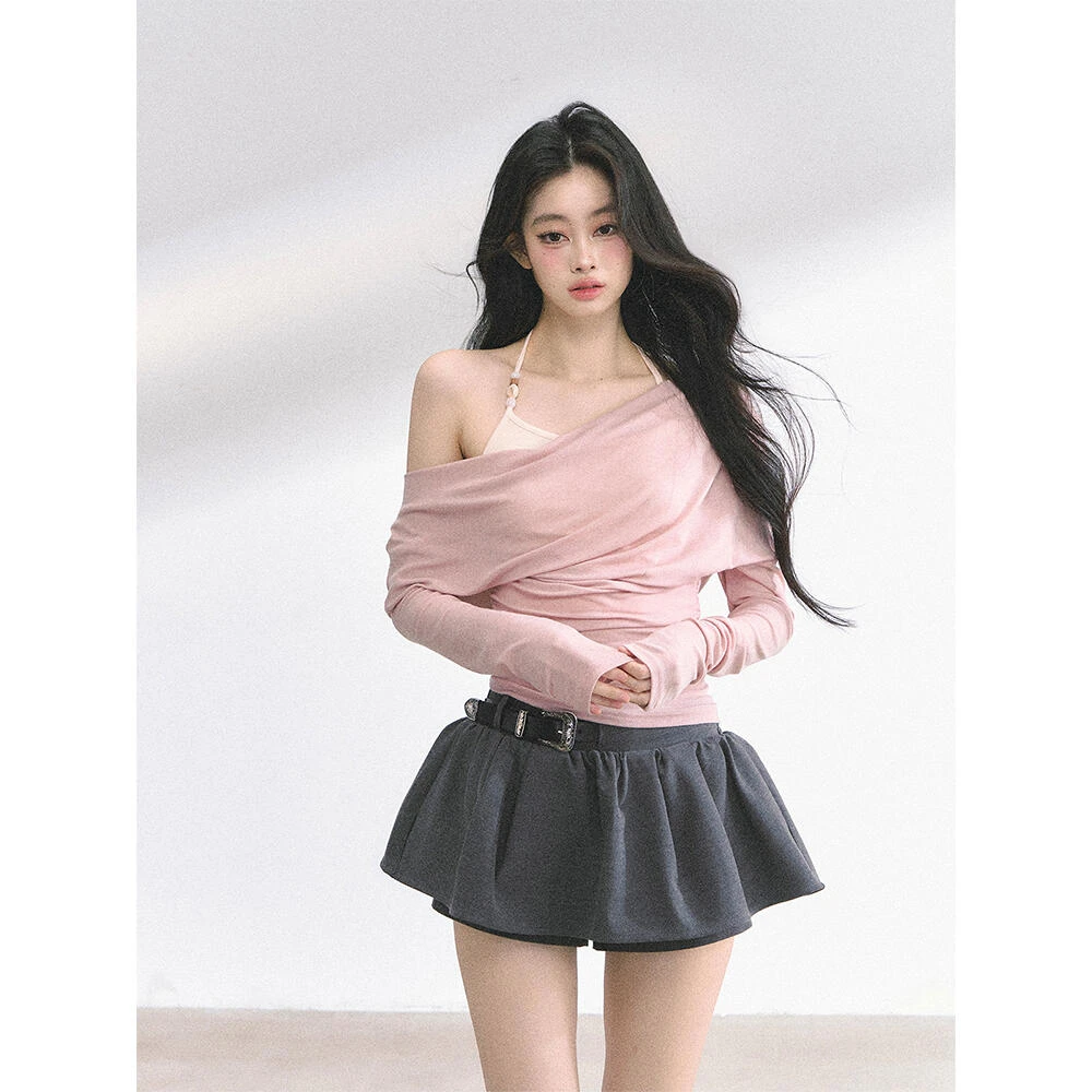 纯欲辣妹穿搭女夏季韩系斜肩挂脖长袖T恤高腰显瘦蓬蓬裙短裙子