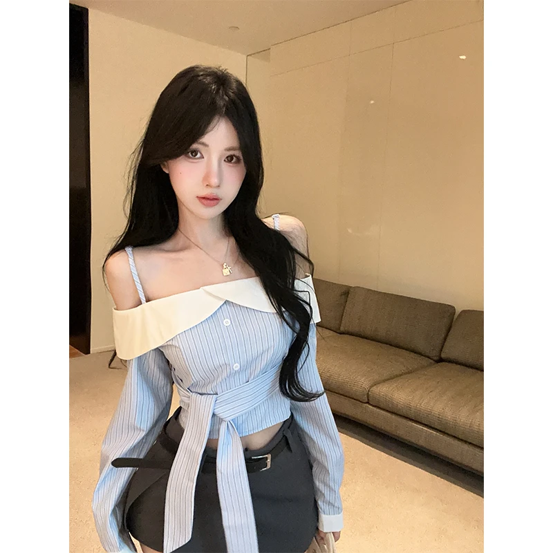 秋季新款韩系减龄一字领条纹长袖衬衫+开叉防走光半身短裙两件套