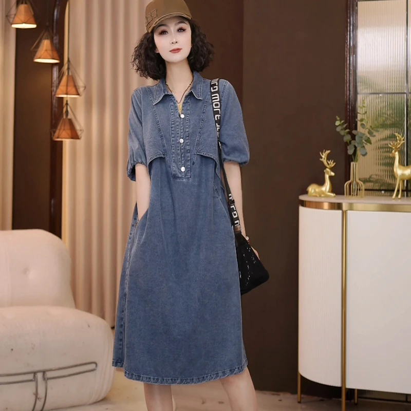 8911-8899夏季新款韩版2025宽松休闲短袖翻领牛仔连衣裙女