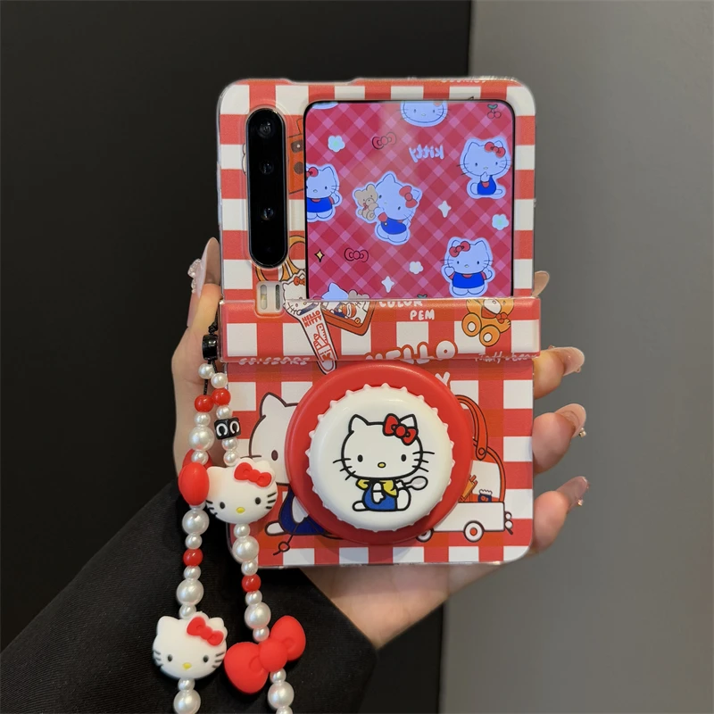 适用华为purax折叠屏手机壳红白格子kt猫pocket2饮料瓶盖磁吸支架