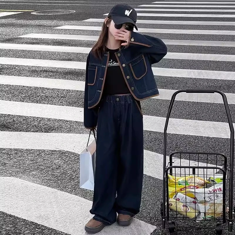 女童韩版小香风牛仔套装2025新款春秋儿童外套大童阔腿裤两件套潮