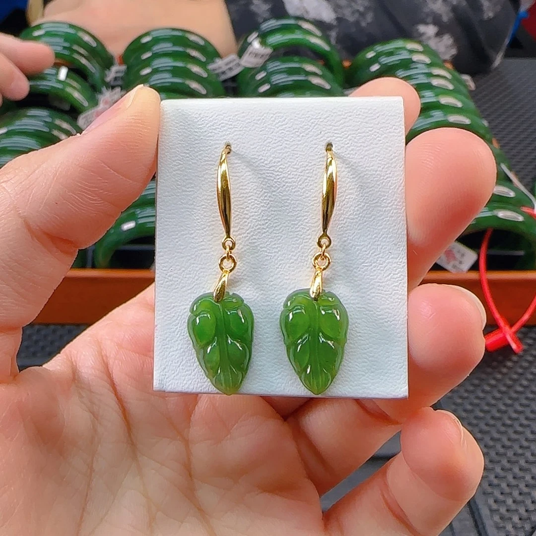 银S925镶嵌和田玉耳饰碧玉金枝玉叶耳饰