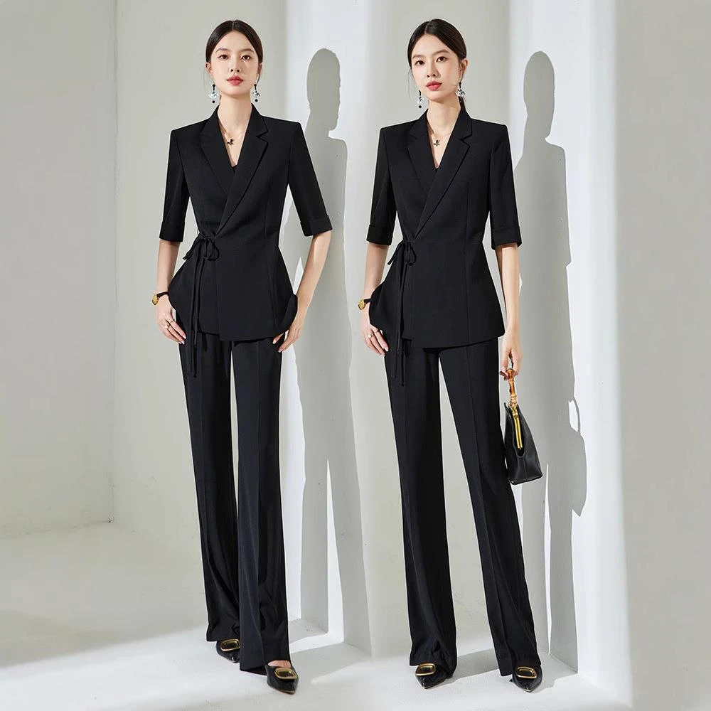 大码女轻奢气质西装套装薄款夏季胖mm收腰显瘦西服微喇叭裤两件套