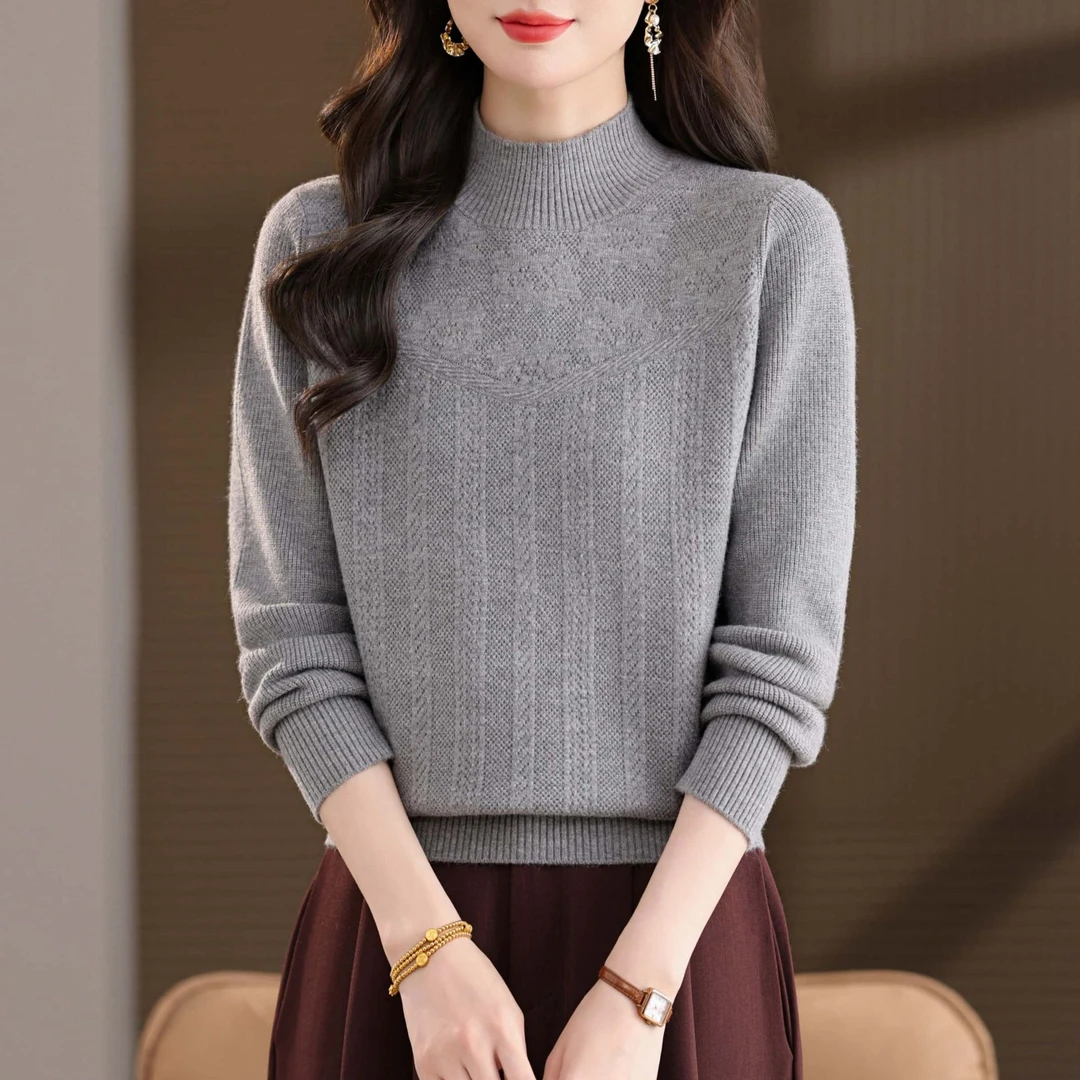 品牌女装秋冬打底衫女大码宽松半高领内搭加厚麻花钩花套头毛衣