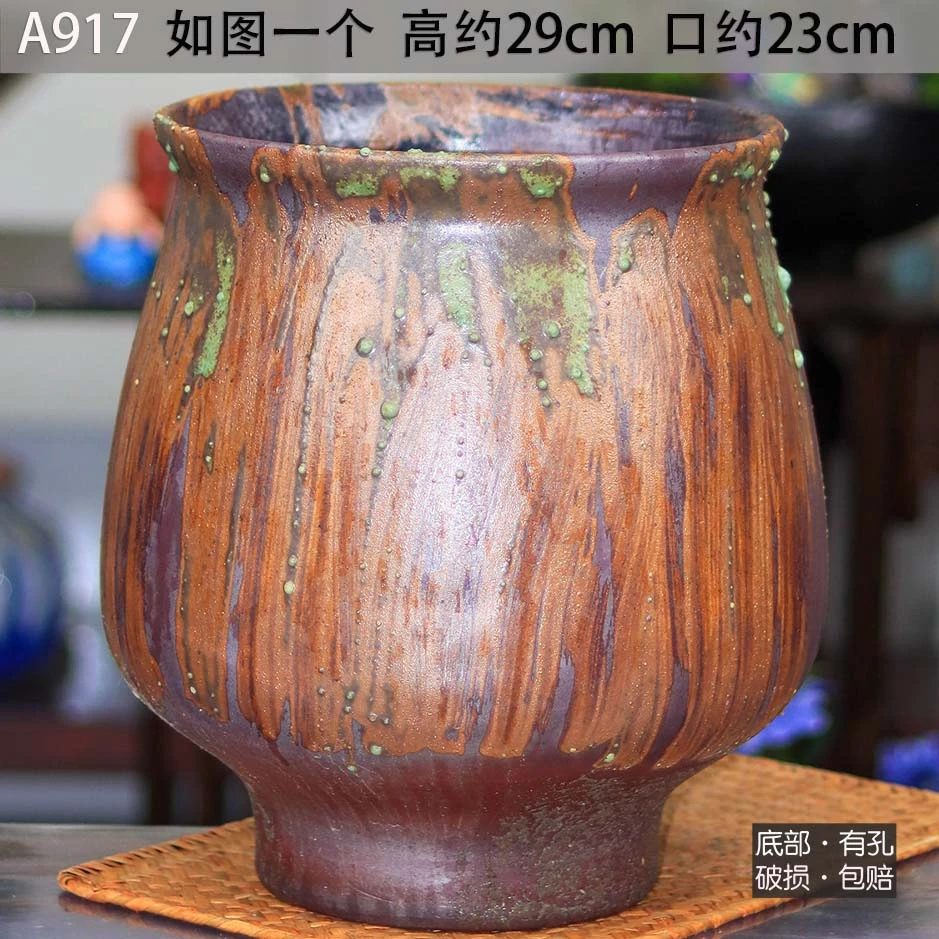 手工诧寂风复古高筒粗陶罐透气绿植花盆A917 高约29cm  口约23cm