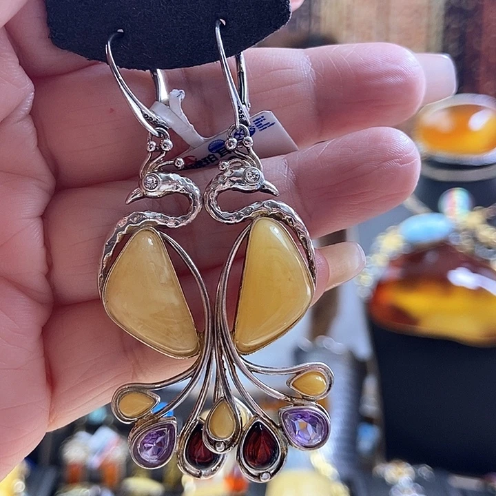 琥珀银S925镶嵌耳饰耳环