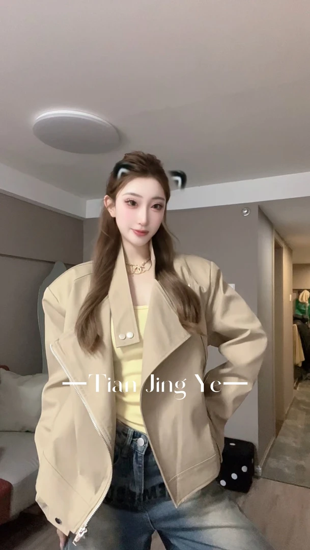 【田景野】25~新款复古风宽松立领设计感斜拉链短款夹克外套