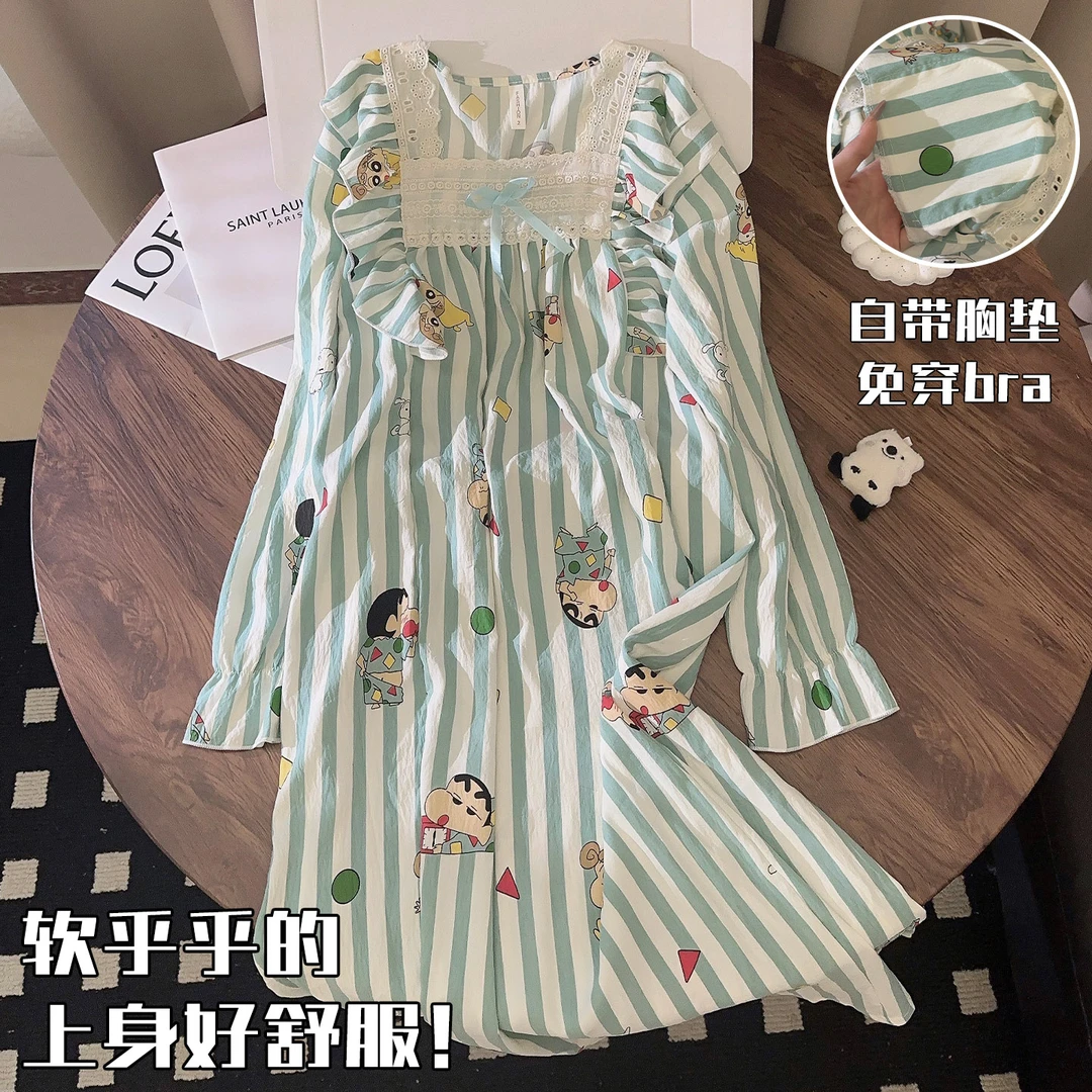 公主风睡裙女春秋季长袖带胸垫一体式薄款睡衣新款少女秋冬家居服