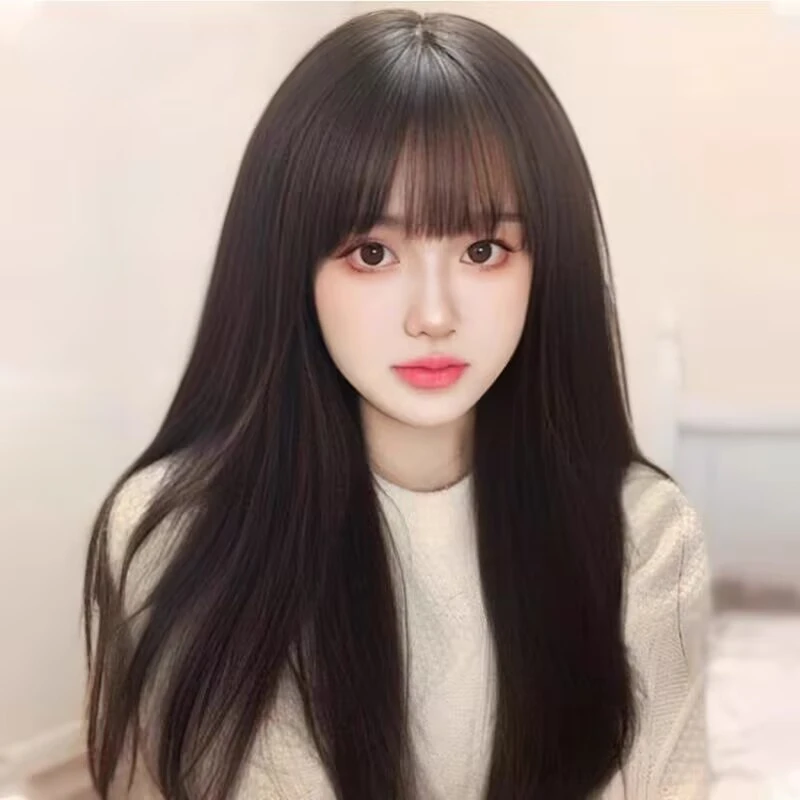 假发女黑长直发全头套全真人发丝自然圆脸漫画齐刘海中分整顶头套