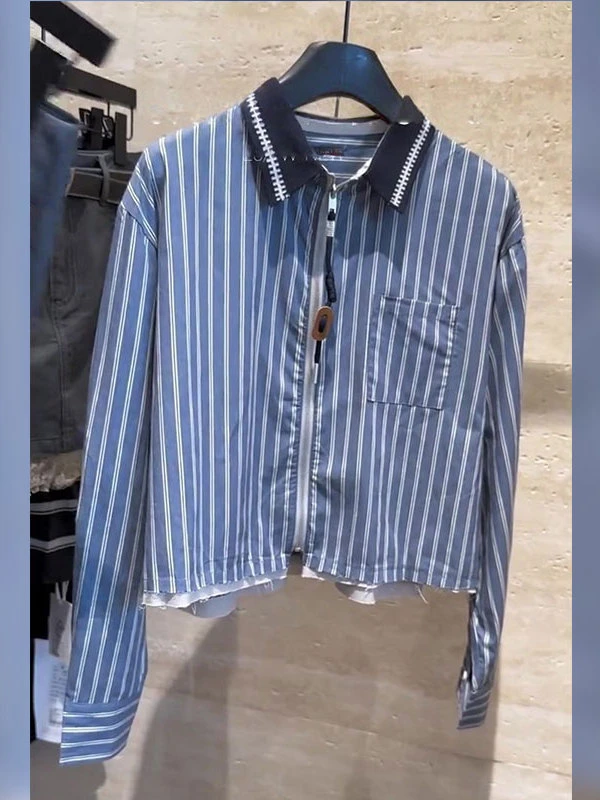 复古条纹翻领长袖拉链衬衫外套短款女2025秋季POLO领时尚洋气上衣