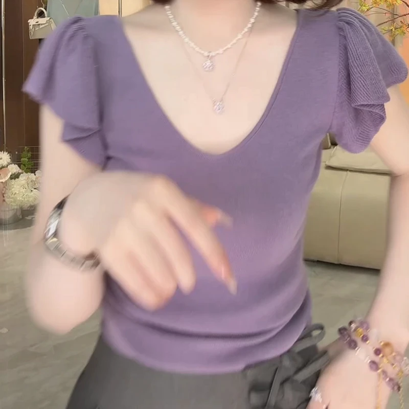 纯欲小飞袖针织衫女2025夏季新款修身多巴胺短袖t恤上衣