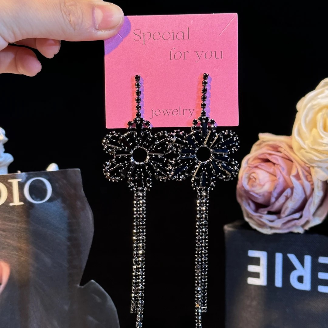 铜合金耳饰 静悠】秋冬新款夸张个性锆石花朵长款流苏耳环重工耳钉