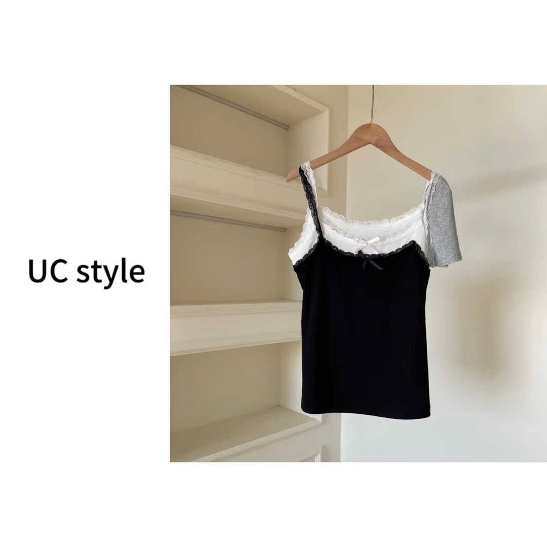 A7465设计感蕾丝边假两件拼色背心短袖主播穿S码