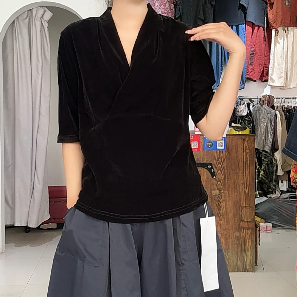 25181短袖V领五分袖千金风修身型T恤