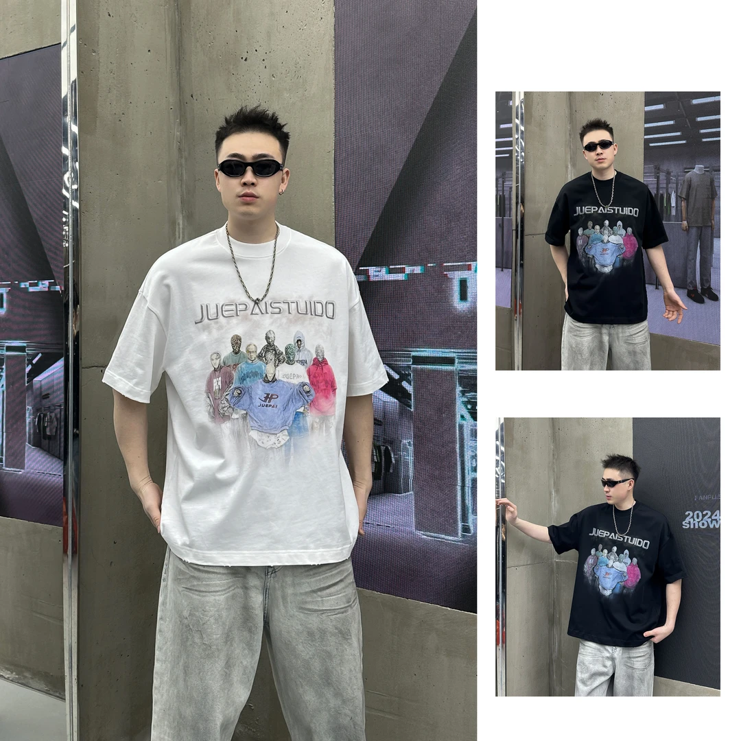 ins短袖印花休闲半袖男装圆领日常欧美简约宽松T恤青少年26018