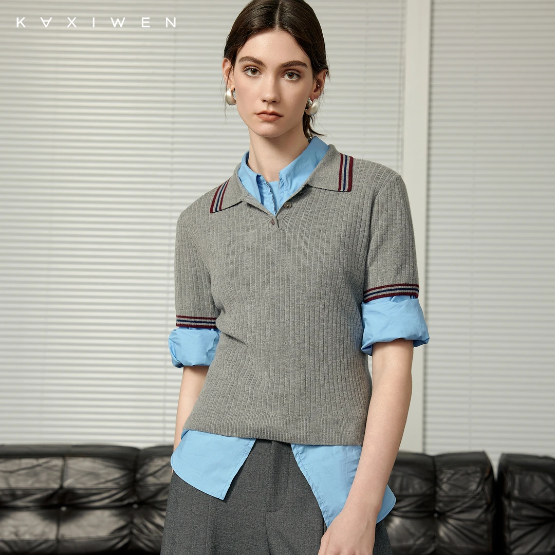 佧茜文美式学院风针织衫【春夏】polo领条纹撞色短袖上衣D02BZW5507