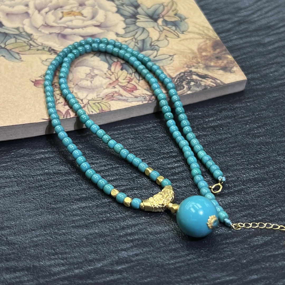 【珺笙珠宝】典藏•原矿菜籽绿松石18K金老型项链3-13mm