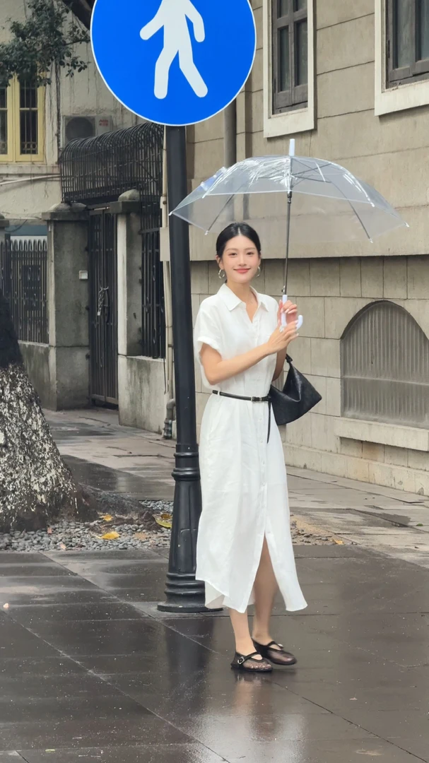 2025夏季新款长裙女装翻领纯色白色中长裙时尚短袖气质休闲连衣裙