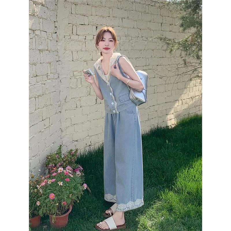 小香风蕾丝拼接牛仔无袖马甲套装女夏2025新款高级感阔腿裤两件套