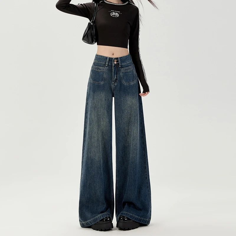【现货+运险】1复古蓝2025新款阔腿牛仔裤女前双口袋蓝色高腰拖地裤
